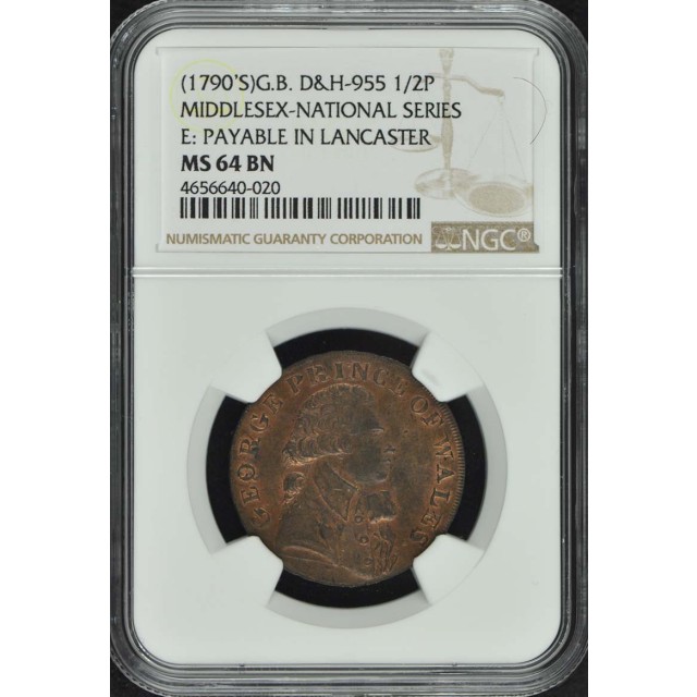(1790'S) G.B. D&H-955 NGC MS64BN 1/2P MIDDLESEX NATIONAL Conder Token