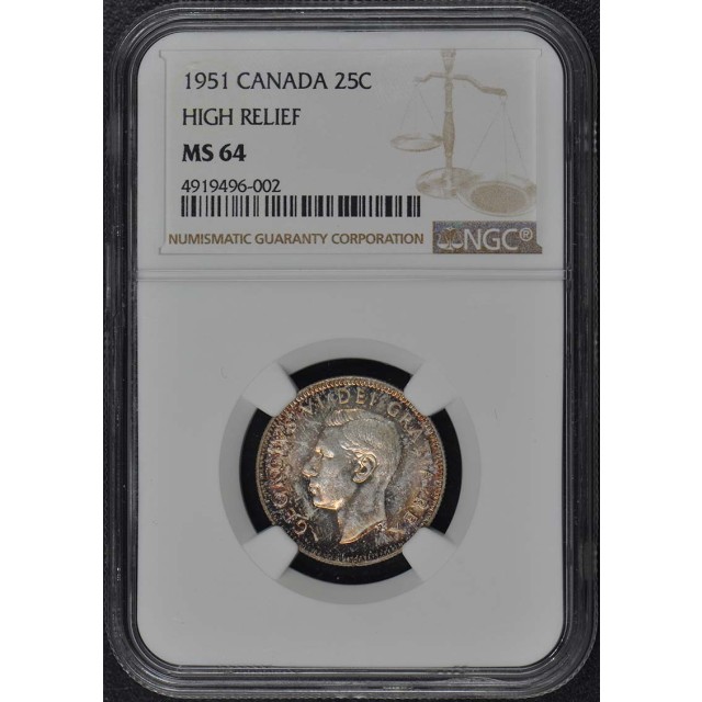 1951 CANADA HIGH RELIEF 25C NGC MS64