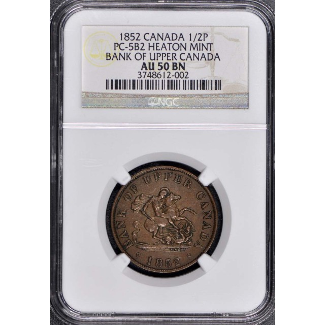 1852 Canada 1/2P PC-5B2 NGC AU50 BN Upper Canada Token Heaton Mint