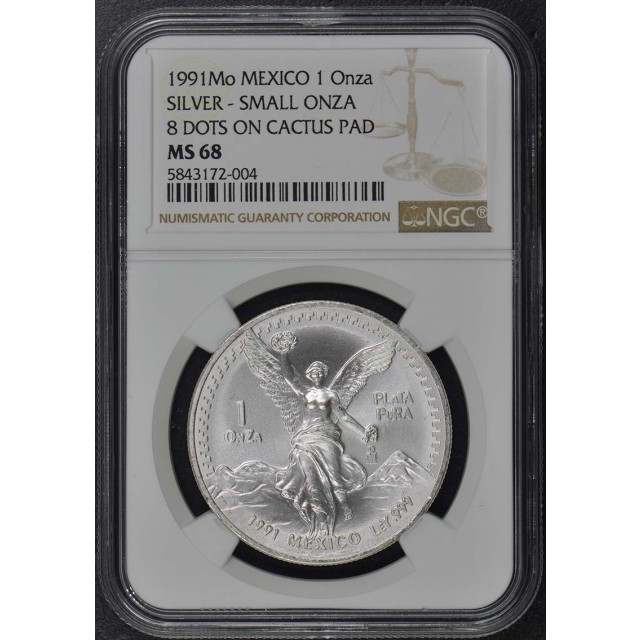 1991 Mo Mexico Silver 1 ONZA NGC MS68 8 Dots on Cactus Pad