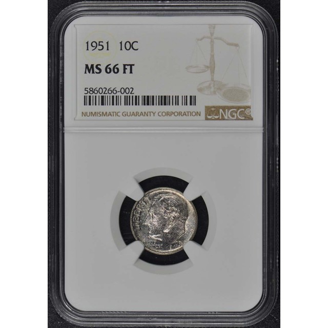 1951 Roosevelt Dime (Silver) 10C NGC MS66FT