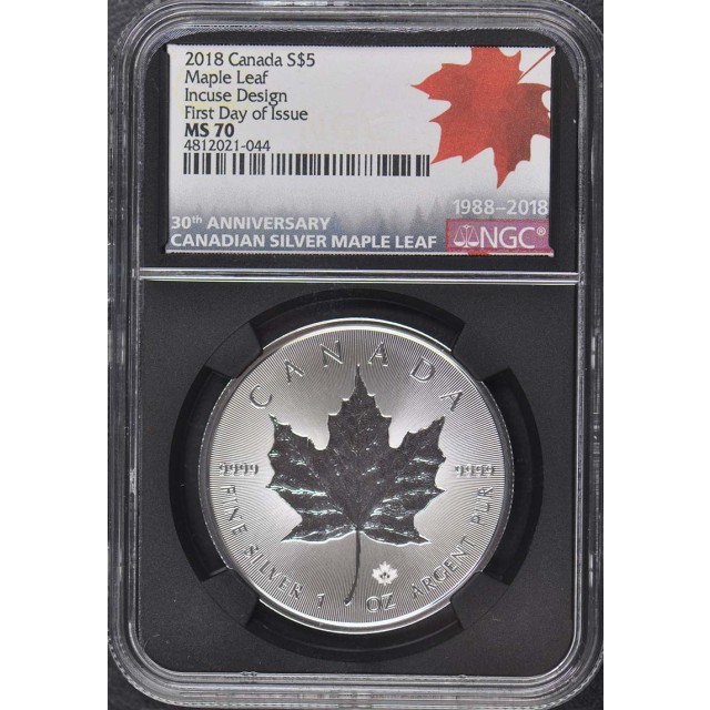 2018 Canada S$5 Maple Leaf NGC MS70 Incuse