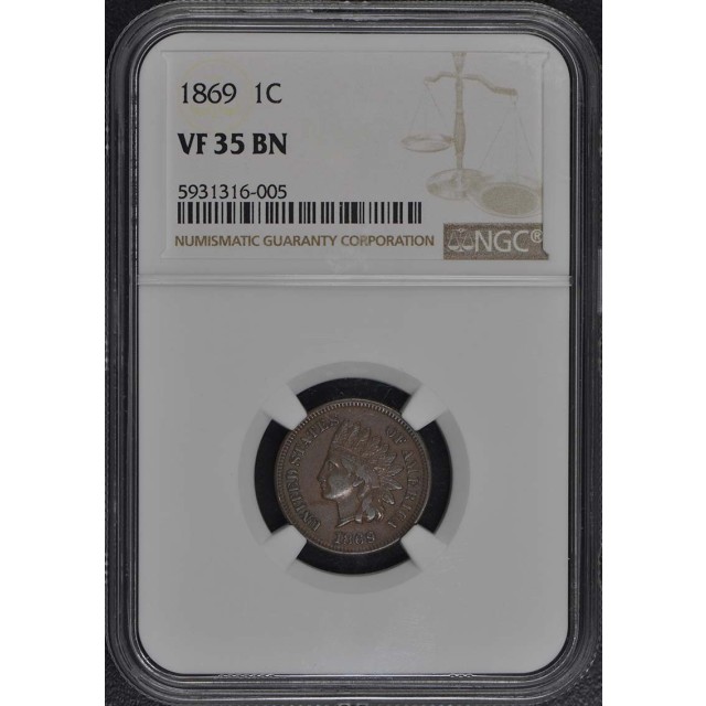 1869 Bronze Indian Cent 1C NGC VF35BN