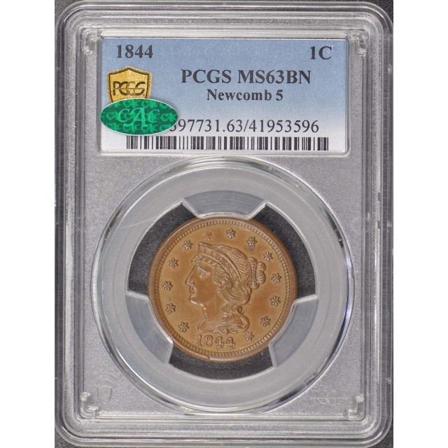 1844 1C Newcomb 5 Braided Hair Cent PCGS MS63BN (CAC)