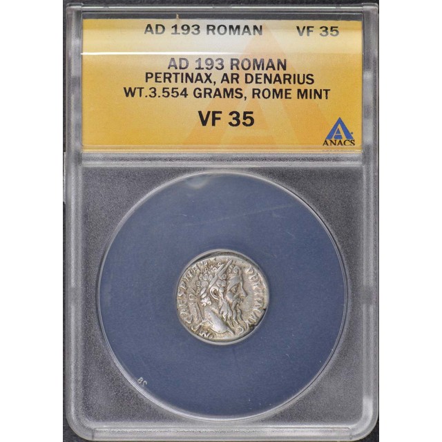 193 AD Roman Pertinax AR Denarius ANACS VF35