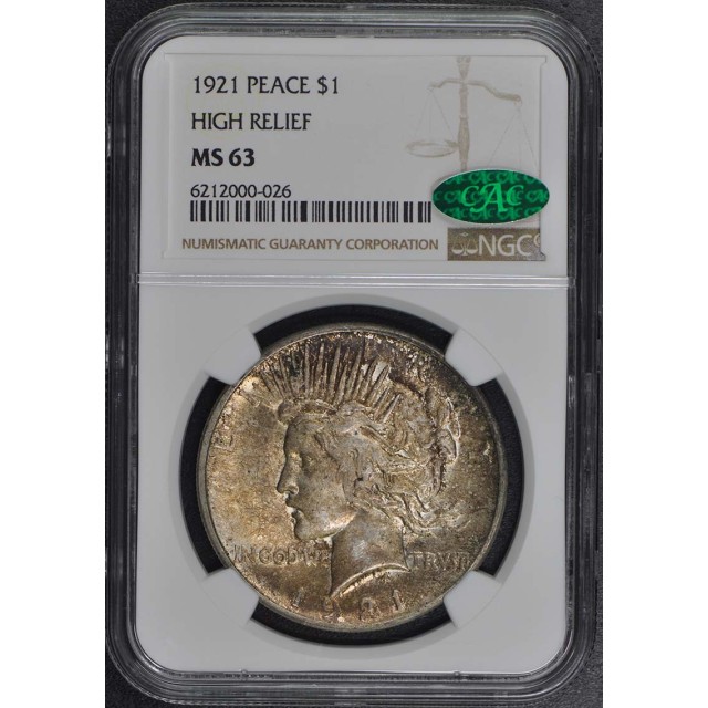 1921 Peace Dollar HIGH RELIEF S$1 NGC MS63 (CAC)