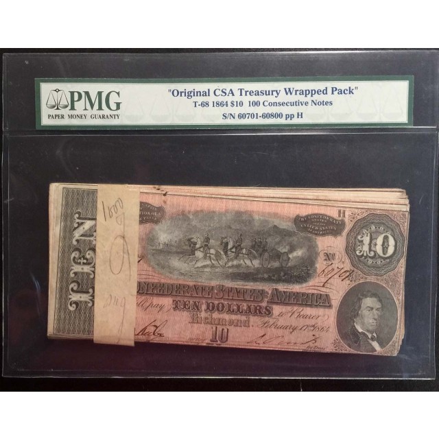 1864 $10 T-68 CSA Treasury Wrapped Pack PMG 100 Consecutive Notes