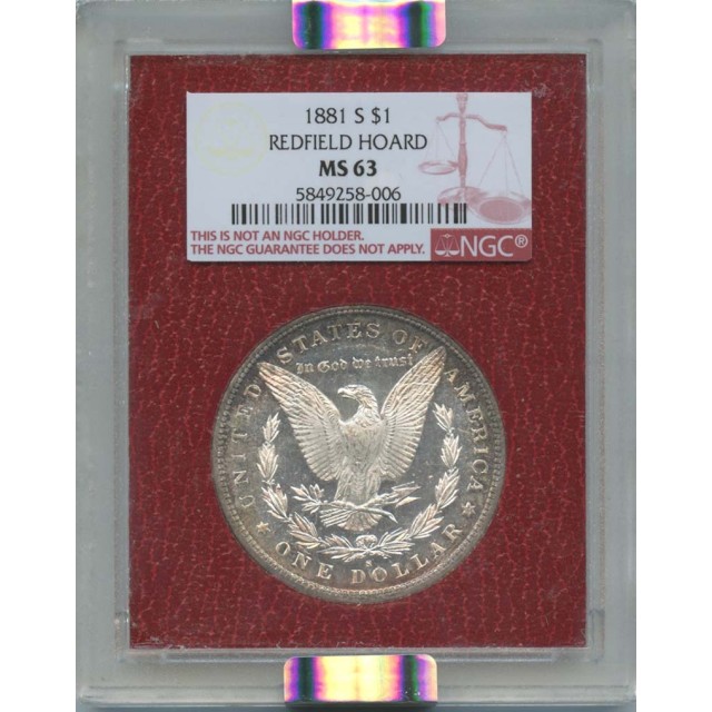 1881 S $1 Morgan Dollar Redfield Hoard NGC MS 63
