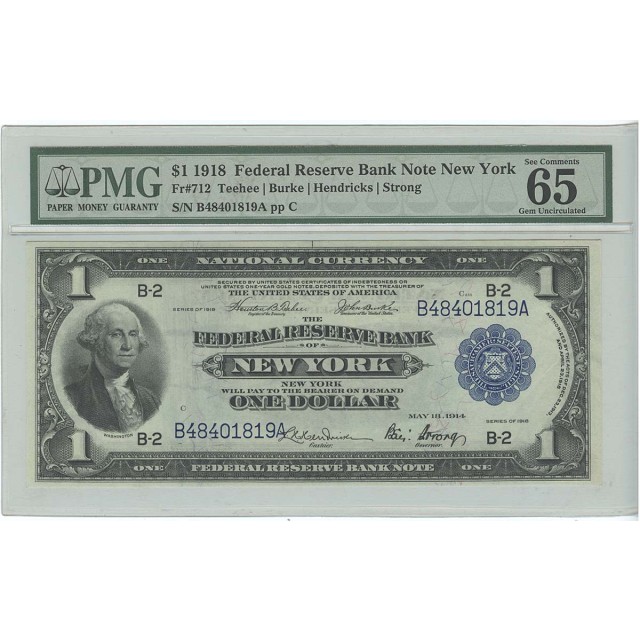 1918 $1 Federal Reserve Bank Note New York FR#712 PMG 65 EPQ Gem Unc