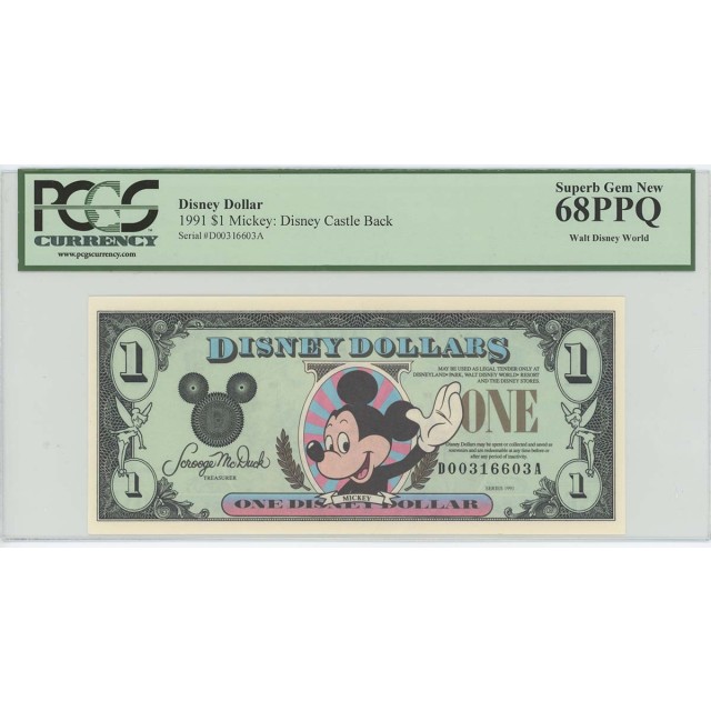 1991 $1 Disney Dollar Mickey Castle Back PCGS 68 PPQ SUPERB GEM Walt Disney