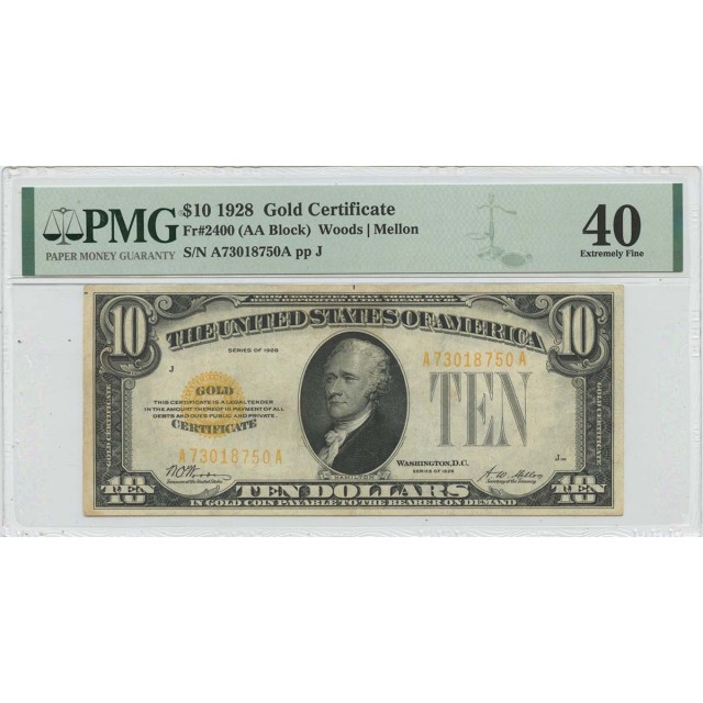 1928 $10 Gold Certificate Fr# 2400 PMG EF40
