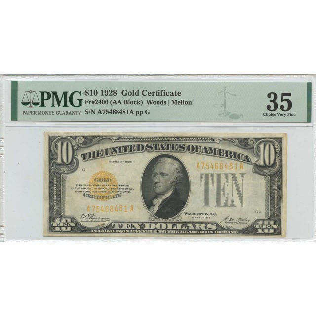 1928 $10 Gold Certificate Gold Woods Mellon Fr# 2400 PMG CH VF35