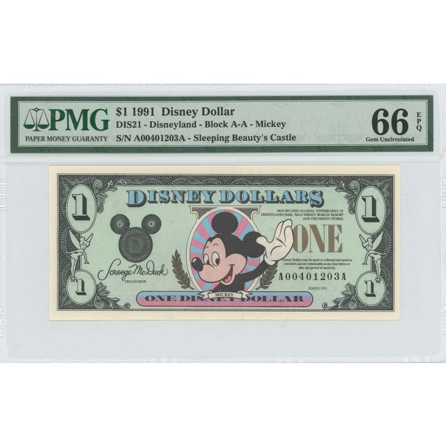 1991 $1 Disney Dollar DIS21 PMG 66 EPQ Sleeping Beauty's Castle