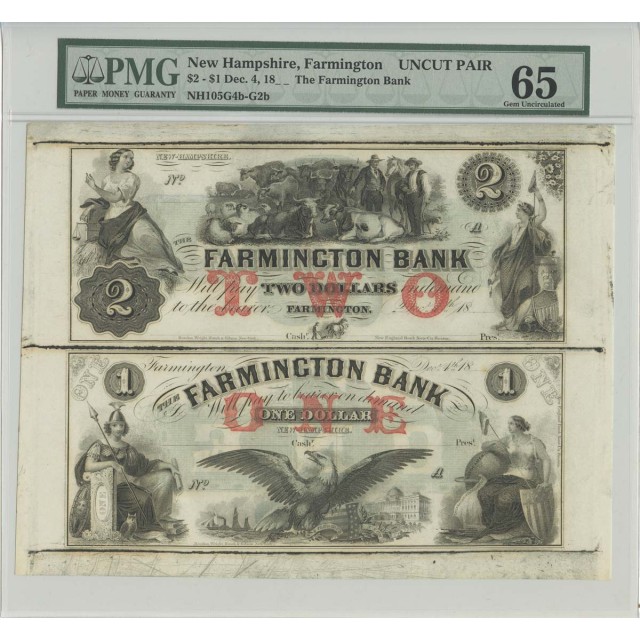 18--'s Dec 4 $2 New Hampshire Farmington Obsolete UNCUT PAIR PMG 65 Gem 