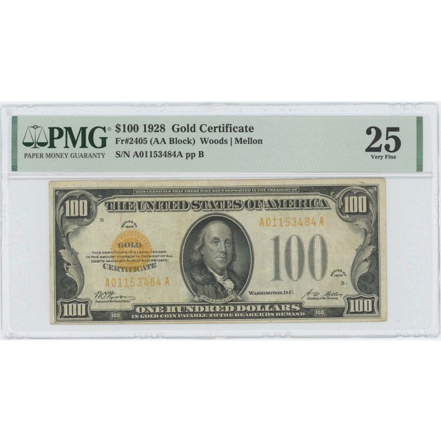 1928 $100 Gold Certificate Gold Woods Mellon Fr# 2405 PMG 25