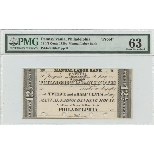 1830s 12 1/2 Cents Pennsylvania Philadelphia "Proof" Cents PMG CH Unc 63