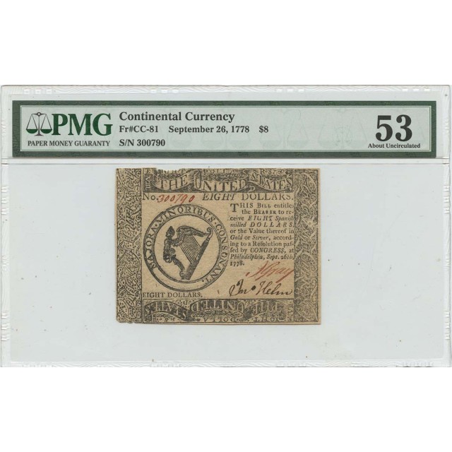 September 26 1778 $8 Continental Currency CC-81 PMG 53