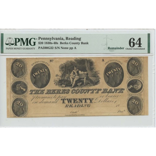 1830s 40s #20 Berks County Bank Reading PA PMG 64 CH Unc Remainder