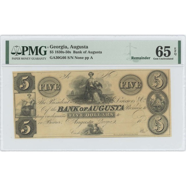1830-40s $5 Bank of Augusta Georgia Obsolete GA30G66 PMG 65 Gem EPQ