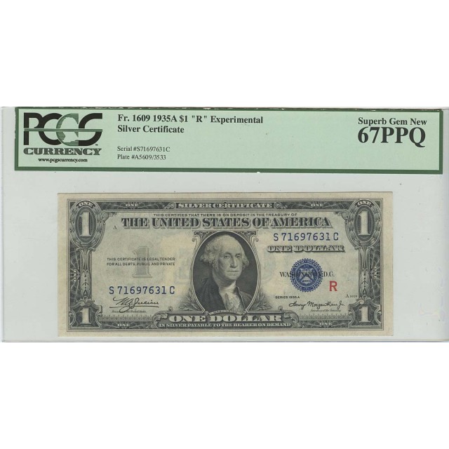 1935 A $1 "R" Experimental Silver Certificate FR 1609 PCGS Superb Gem MS67 PPQ