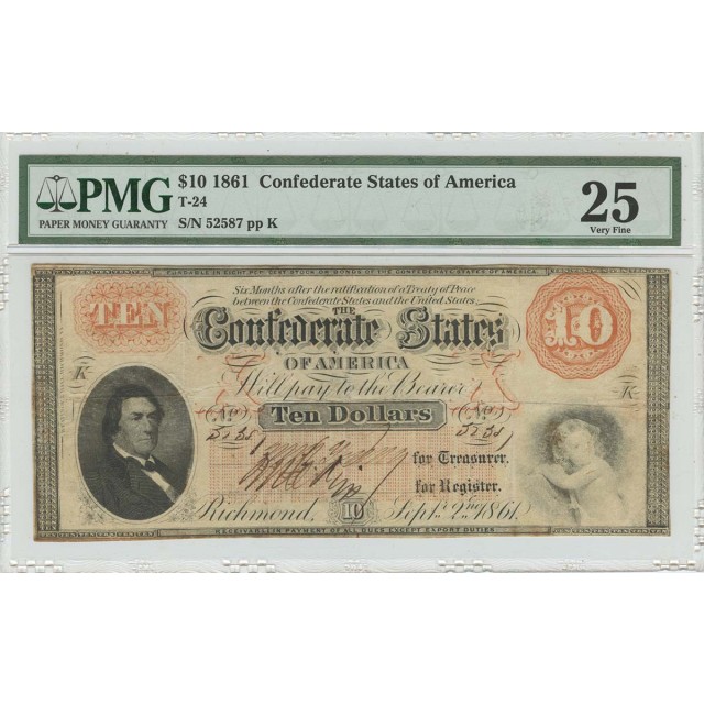 1861 $10 Confederate States of America T-24 PMG VF25