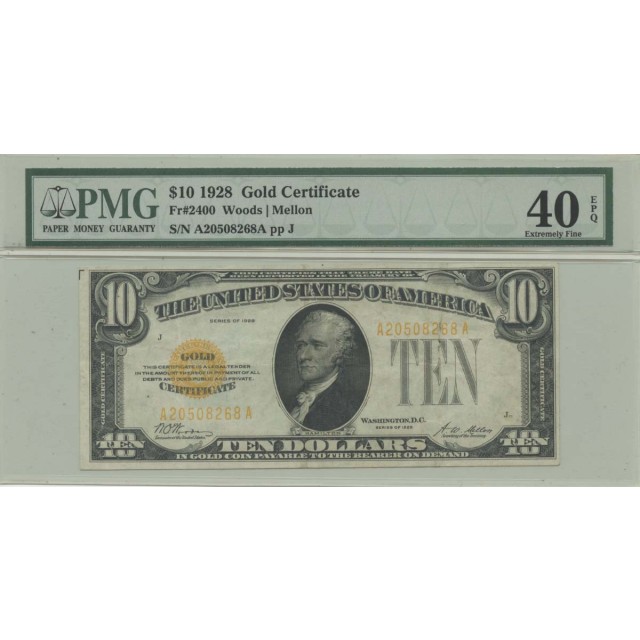 1928 $10 Gold Certificate Gold Woods Mellon Fr# 2400 PMG 40 EPQ