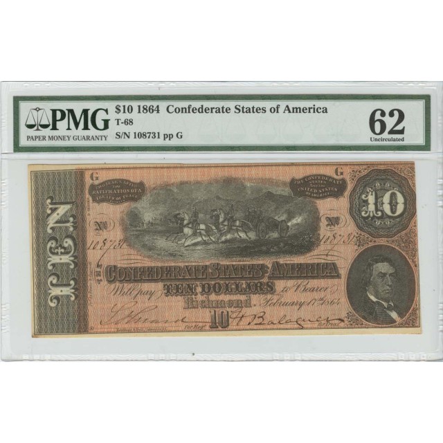 $10 1864 Confederate States of America T-68 PMG 62 Unc