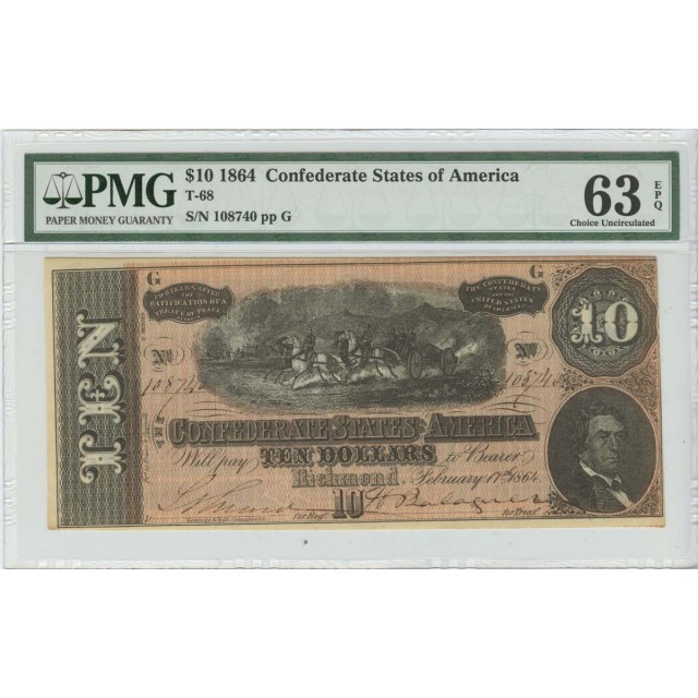 $10 1864 Confederate States of America T-68 PMG 63 Ch Unc EPQ