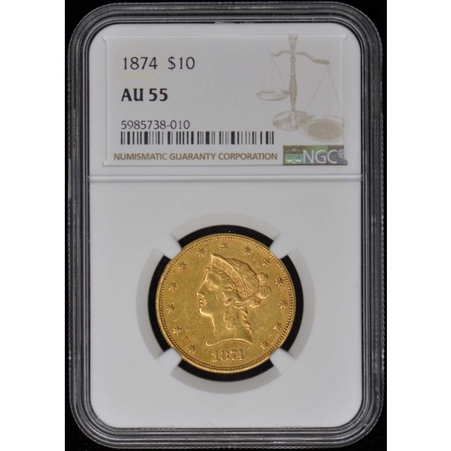 1874 Liberty Head Gold Eagle $10 NGC AU55