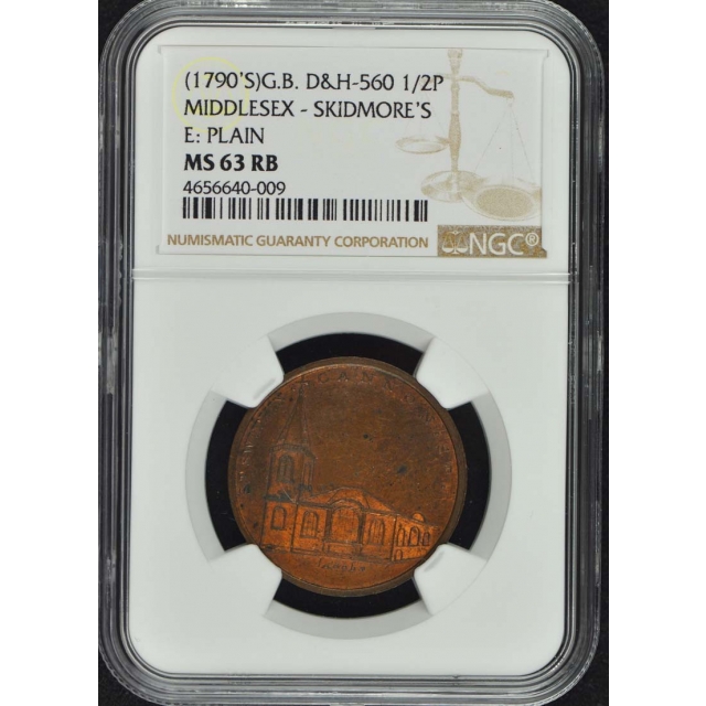 (1790'S) G.B. D&H-560 NGC MS63RB 1/2P Middlesex- Skidmore Conder Token