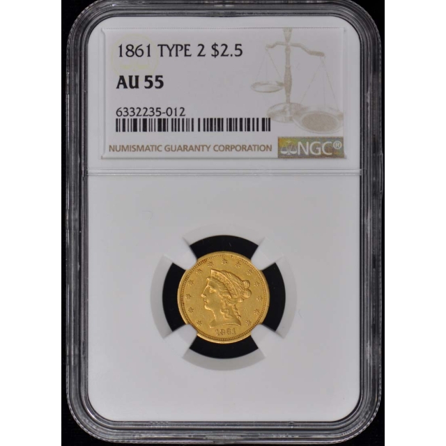 1861 TYPE 2 Quarter Eagle $2.50 NGC AU55