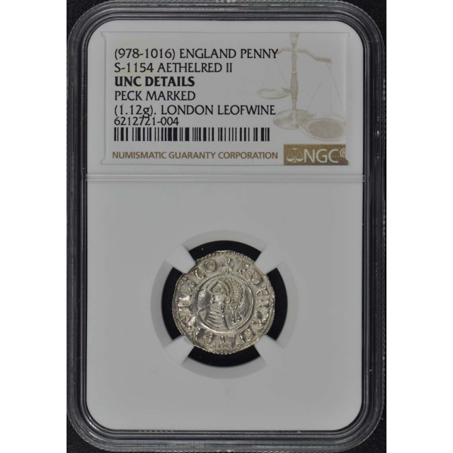 (978-1016) ENGLAND S-1154 AETHELRED II PENNY NGC UNC Details Peck Marked