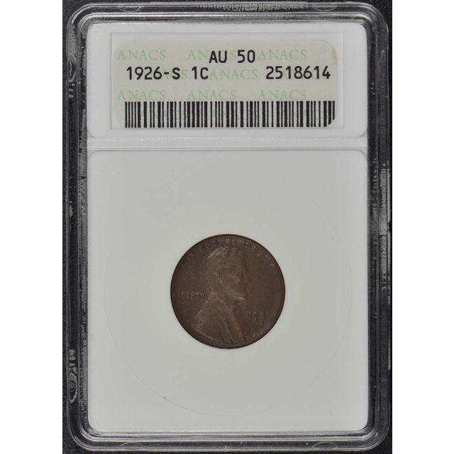 1926-S Lincoln Cent Old Small ANACS AU50 Coin 1C