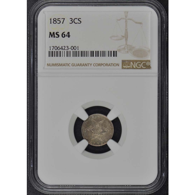 1857 Three Cent Piece - Silver Type 2 3CS NGC MS64