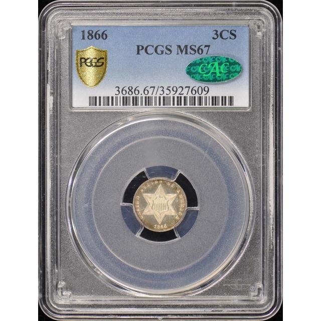 1866 3CS Three Cent Silver PCGS MS67 (CAC)