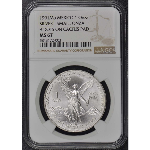 1991Mo Mexico Silver 1 ONZA NGC MS67 8 Dots on Cactus Pad