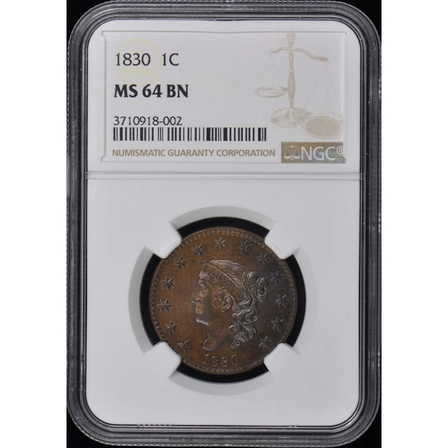 1830 Coronet Cent 1C NGC MS64BN