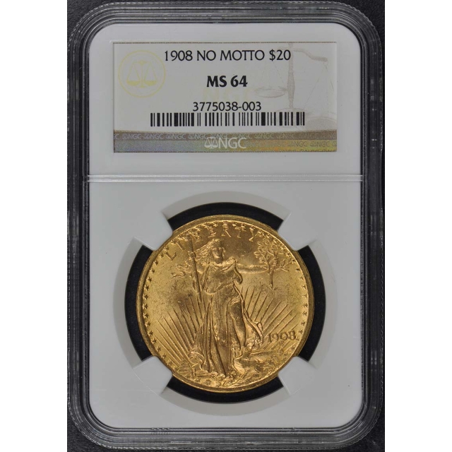 1908 NO MOTTO Saint-Gaudens $20 NGC MS64