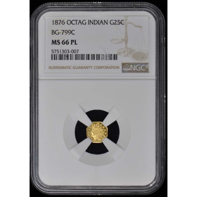 1876 OCTAG INDIAN California Fractional Gold BG-799C G25C NGC MS66PL
