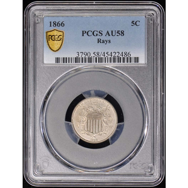 1866 5C With Rays Shield Nickel W/Rays PCGS AU58