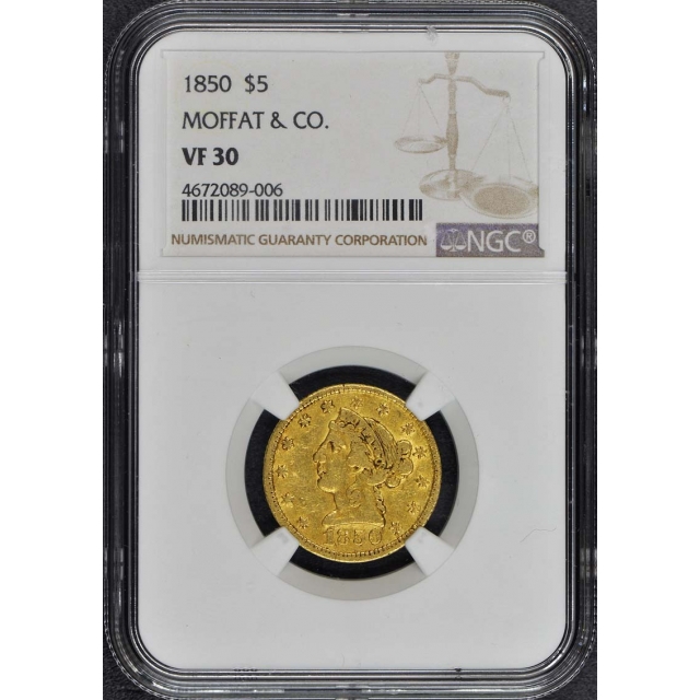 1850 Private Issue Territorial Gold MOFFAT & CO. $5 NGC VF30