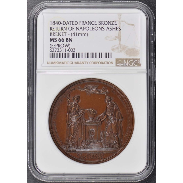 1840-Dated France Bronze Medal Napoleons Ashes Brenet NGC MS66BN