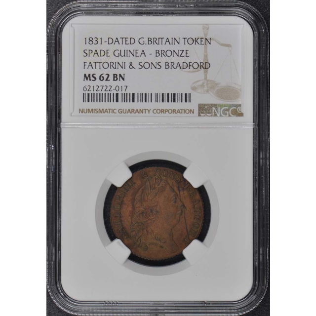 1831 Dated Great Britain Token Spade Guinea Bronze NGC MS62BN Fattorini