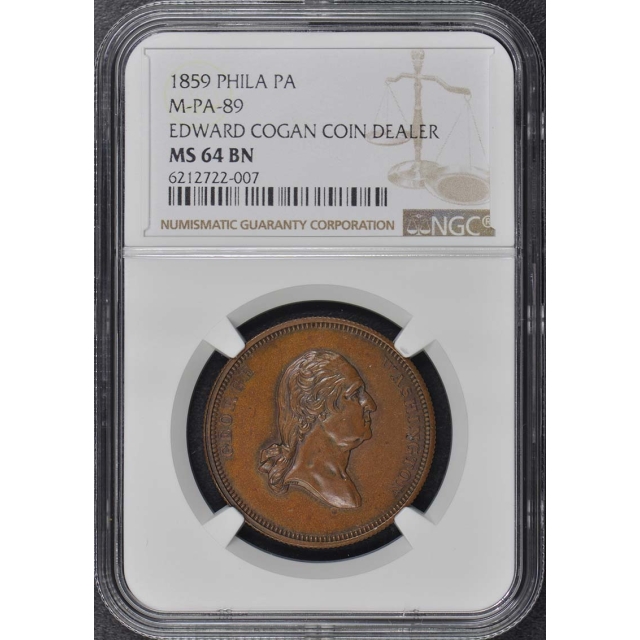 1859 Philadelphia PA-89 Medal Edward Cogan Coin Dealer NGC MS64BN
