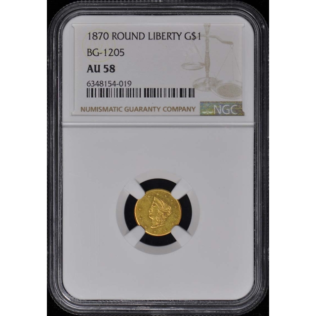 1870 ROUND LIBERTY California Fractional Gold BG-1205 G$1 NGC AU58