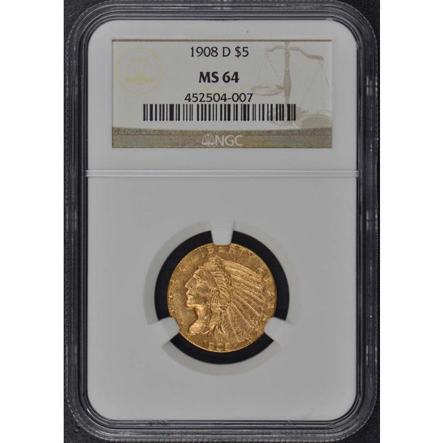 1908-D Indian $5 NGC MS64