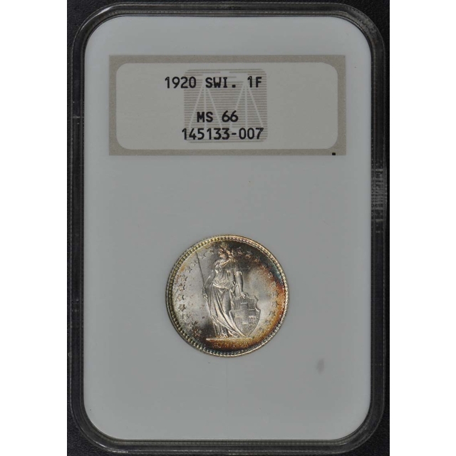1920 Swiss 1 Franc NGC MS66 Toned Old Holder
