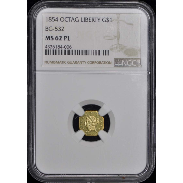 1854 OCTAG LIBERTY California Fractional Gold BG-532 G$1 NGC MS62PL