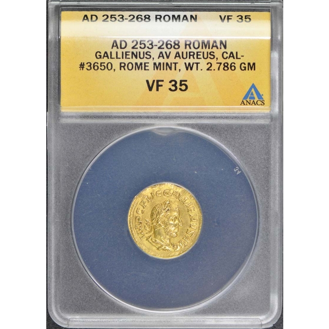 Gallienus, AD 253-268 ROMAN EMPIRE AV Aureus ANACS VF35