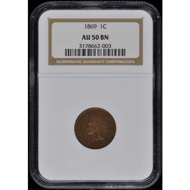 1869 Bronze Indian Cent 1C NGC AU50BN